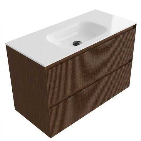 Saniclass Holz Atelier Ensemble de meubles de salle de bains - 100x45x61.5cm - Vasque Flow en Solid Surface blanche - 1 vasque - sans trou de robinet - 2 tiroirs - walnut pure mat (bois) SW1478395