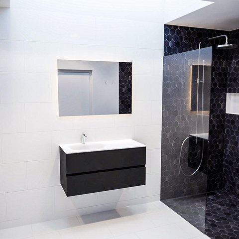 ENSEMBLE DE MEUBLE MONDIAZ VICA - 100cm - 2 tiroirs - lavabo Moon gauche - 1 trou de robinet - solid surface urban SW410166