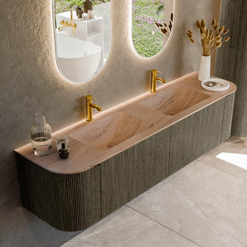 MONDIAZ KURVE-DLUX Meuble de salle de bains 180cm arrondi Gauche + Droite couleur Shadow avec 2 tiroirs et 2 portes. Lavabo LEAF Double 2 trous de robinet Saba. SW1433295