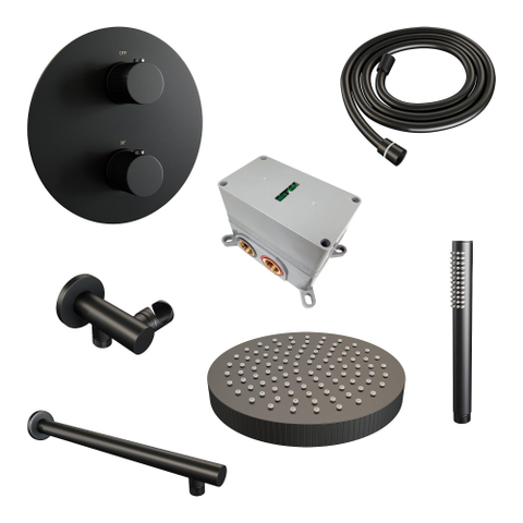 BRAUER Stripe Douche de tête thermostatique encastrée - 3 voies - ronde - SET 37 - pomme de douche 25 cm - bras mural droit - douchette à main sur barre - flexible de douche - coude de raccord mural - noir mat SW1435165