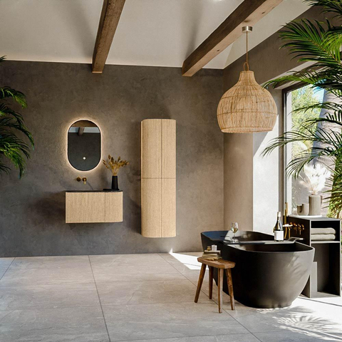MONDIAZ KURVE-DLUX meuble de salle de bains 75cm avec module 25 R couleur chêne avec 1 tiroir et 1 porte. Vasque GRUNNE gauche sans trou de robinetterie couleur Lava. SW1138092