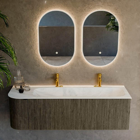 Mondiaz KURVE-DLUX Ensemble de meuble de salle de bains - 145x46x40cm - 1 tiroir - 1 porte - lavabo solid surface - droit - 2 trous de robinet - Shadow SW1414080