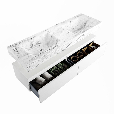 Mondiaz ALAN-DLUX Ensemble de meuble - 150cm - meuble Talc mat - 2 tiroirs - Lavabo Cloud Glace suspendu - vasque Gauche et droite - 2 trous de robinet SW805884