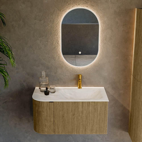 Mondiaz KURVE-DLUX Ensemble de meuble de salle de bains - 85x46x40cm - 1 tiroir - 1 porte - vasque solid surface - droite - 1 trou de robinet - Dusk SW1414992