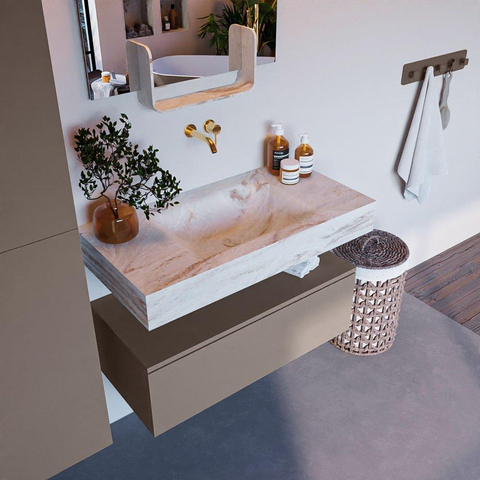 Mondiaz ALAN-DLUX Ensemble de meuble - 90cm - meuble Smoke mat - 1 tiroir - Lavabo Cloud Frappe suspendu - vasque Centre - 0 trous de robinet SW804965