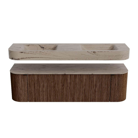 MONDIAZ THOR-DLUX 160cm meuble de salle de bains arrondi gauche + droite couleur Walnut avec 1 tiroir et 2 portes. Vasque suspendue CLOUD Double sans trou de robinet couleur Arena. SW1465144