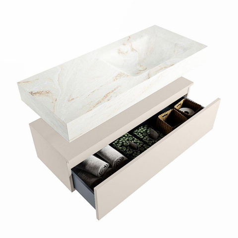 Mondiaz ALAN-DLUX Ensemble de meuble - 110cm - meuble Linen mat - 1 tiroir - Lavabo Cloud Frappe suspendu - vasque Droite - 1 trou de robinet SW804787
