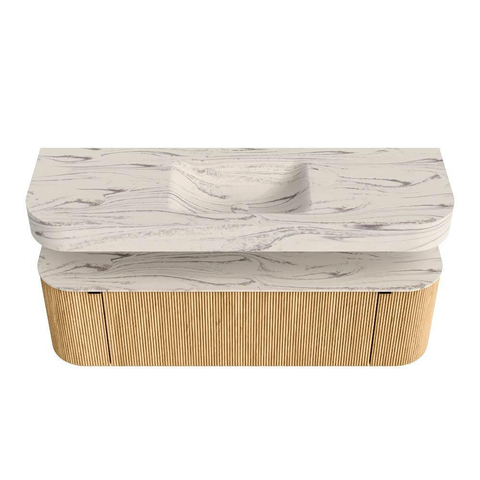 MONDIAZ THOR-DLUX 150cm meuble de salle de bains arrondi gauche + droite couleur Oak avec 1 tiroir et 2 portes. Vasque suspendue CLOUD Milieu 1 trou de robinet couleur Nata. SW1464814