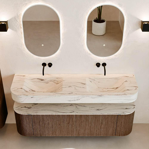 MONDIAZ THOR-DLUX 160cm meuble de salle de bains arrondi gauche + droite couleur Walnut avec 1 tiroir et 2 portes. Vasque suspendue CLOUD Double sans trou de robinet couleur Nata. SW1465273