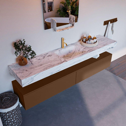 Mondiaz ALAN-DLUX Ensemble de meuble - 200cm - meuble Rust mat - 2 tiroirs - Lavabo Cloud Glace suspendu - vasque Centre - 1 trou de robinet SW805928