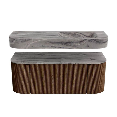 MONDIAZ THOR-DLUX 120cm badmeubel ronding links + rechts kleur Walnut met 1 lade en 2 deuren. Vrijhangende wastafel CLOUD Rechts zonder kraangat kleur Sombra. SW1463638