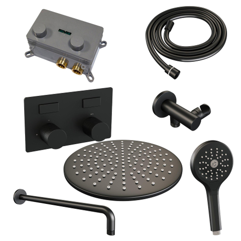 BRAUER Black Carving Douche de pluie thermostatique encastrée - boutons-poussoirs - SET 58 - pomme de douche 30cm - bras mural courbé - douchette 3 jets - flexible de douche - coude d'alimentation mural - noir mat SW925394