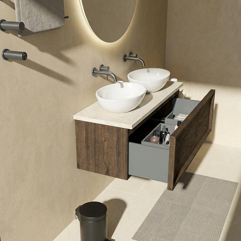 Saniclass Holz Frame Badkamermeubelset - 120x45x43cm - Travertine natuurstenen topblad - zonder kraangat - 1 lade - mat eiken charcoal (hout) SW1478873