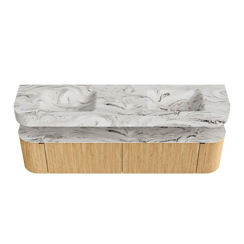MONDIAZ THOR-DLUX Meuble de salle de bains - 190cm - arrondi gauche + droite - couleur Oak - 2 tiroirs et 2 portes - Vasque suspendue CLOUD Double sans trou de robinet - couleur Glace SW1466362