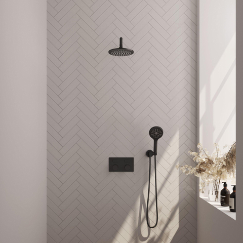 BRAUER Black Carving Douche de pluie thermostatique encastrée - boutons-poussoirs - SET 57 - pomme de douche 20cm - bras mural courbé - douchette 3 jets - flexible de douche - coude d'alimentation mural - noir mat SW925393
