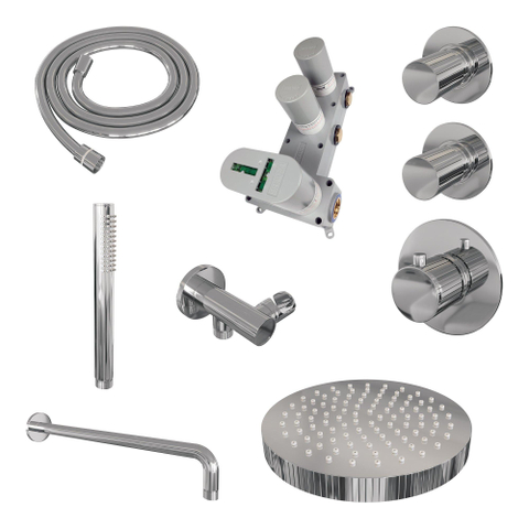 BRAUER Stripe Thermostatische Inbouw Regendouche - SET 02 - 25cm douchekop - gebogen muurarm - staaf handdouche - doucheslang - wandaansluitbocht - chroom SW1434743