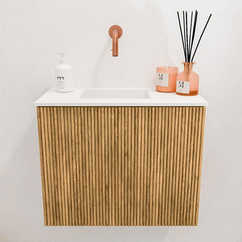 Mondiaz JOYA 50cm toiletmeubel - kleur Oak - Wastafel FAYE positie Links Zonder kraangat kleur Talc. SW1421093