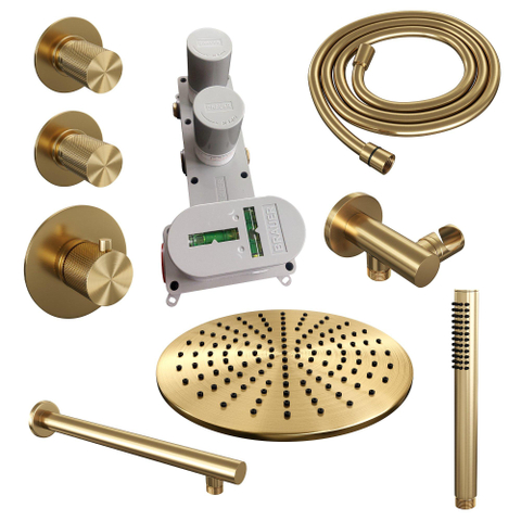 Brauer Gold Carving Douche pluie thermostatique avec pommeau 30cm et bras mural courbé 40cm et douchette Stylo 1 jet flexible lisse avec coude mural Or brossé PVD SW715501