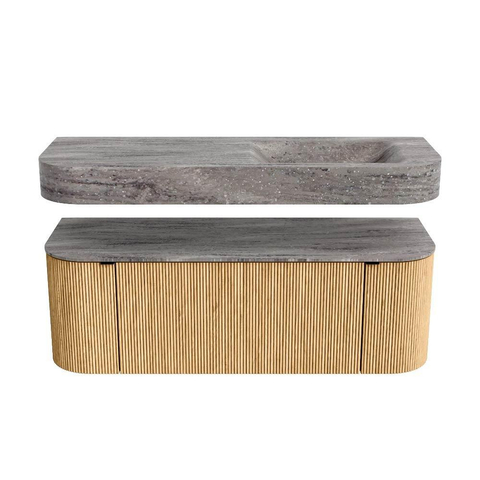 MONDIAZ THOR-DLUX 130cm meuble de salle de bains arrondi gauche + droite couleur Oak avec 1 tiroir et 2 portes. Vasque suspendue CLOUD Droite 1 trou de robinet couleur Oza. SW1464001