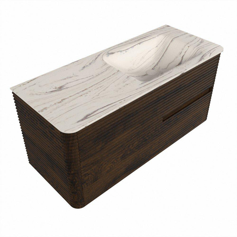 Mondiaz CIRO-DLUX Badkamermeubelset - 110x45x50cm - Solid surface wastafel Nata - 1 wasbak Rechts - 1 kraangat - 2 lades - Walnut SW1530568