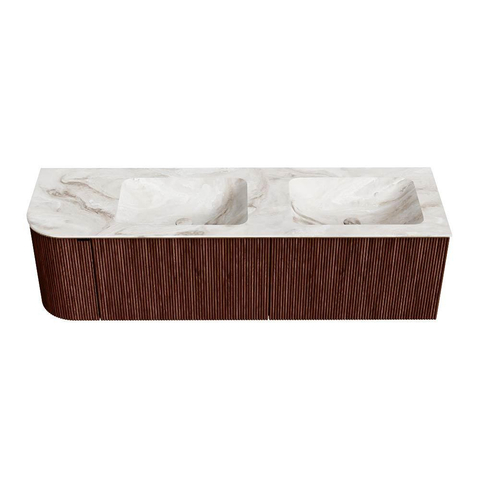 Mondiaz KURVE-DLUX Badkamermeubelset - 155x46x40cm - 2 lade - 1 deur - wastafel solid surface - dubbel / rechts - zonder kraangat - Ruby SW1415676