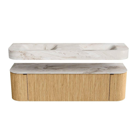 MONDIAZ THOR-DLUX 160cm badmeubel ronding links + rechts kleur Oak met 1 lade en 2 deuren. Vrijhangende wastafel CLOUD Dubbel zonder kraangat kleur Frappe. SW1412168