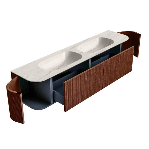 MONDIAZ KURVE-DLUX 190cm meuble de salle de bains arrondi Gauche + Droite couleur Ruby avec 2 tiroirs et 2 portes. Plan-vasque STOR SMALL Double sans trou de robinet Meli. SW1432025