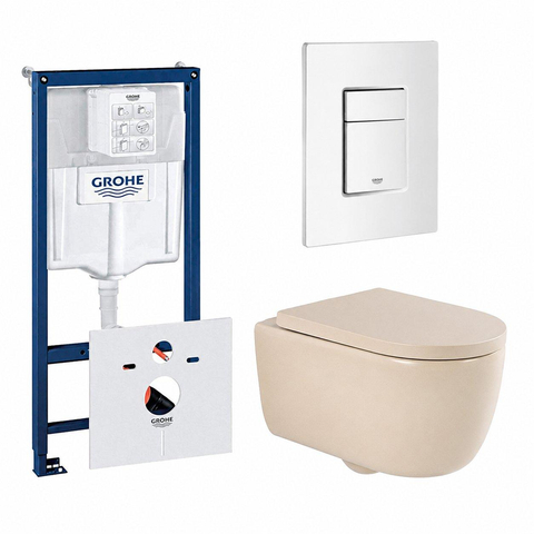 QeramiQ Dely Swirl Toiletset - 36.5x 53cm - Grohe Rapid inbouwreservoir - 35mm zitting - witte bedieningsplaat - rechthoekige knoppen - beige SW1138603