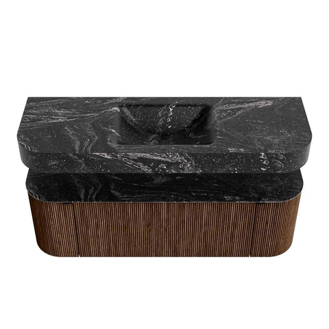 MONDIAZ THOR-DLUX 140cm badmeubel ronding links + rechts kleur Walnut met 1 lade en 2 deuren. Vrijhangende wastafel CLOUD Midden zonder kraangat kleur Lava. SW1463966