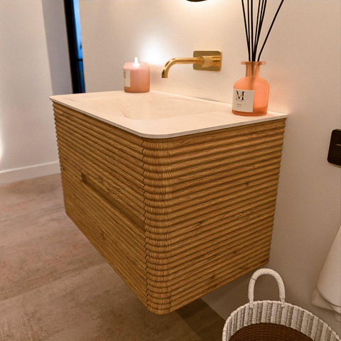 Mondiaz CIRO-DLUX Badkamermeubelset - 80x45x50cm - Solid surface wastafel Meli - 1 wasbak Midden - zonder kraangaten - 2 lades - Oak SW1531374