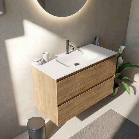 Saniclass Holz Pure Badkamermeubelset - 100x45x61.5cm - Flow solid surface wastafel wit - 1 wasbak - 1 kraangat - 2 lades - mat eiken natural (hout) SW1478406