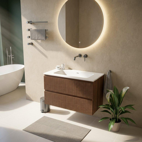 Saniclass Holz Atelier Ensemble meuble de salle de bains - 100x45x77.5cm - lavabo Torino en solid surface blanc - sans trou de robinet - 2 tiroirs - walnut pure mat (bois) SW1478663
