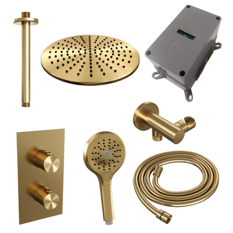 Brauer Gold Edition Ensemble de douche pluie encastré - douche principale 30 cm - 2 fonctions - incluant partie encastrable - douchette ronde 3 positions - PVD - or brossé SW547685