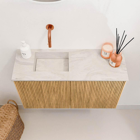 Mondiaz JOYA-DLUX 70cm toiletmeubel - kleur Oak - Wastafel FAYE positie Links Zonder kraangat kleur Ostra. SW1422226