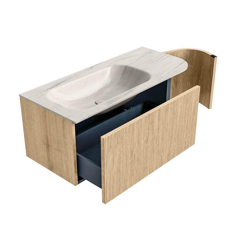 MONDIAZ KURVE-DLUX Meuble de salle de bains 105cm arrondi à droite couleur Oak avec 1 tiroir et 1 porte. Lavabo BIG SMALL à gauche 1 trou de robinet Meli. SW1431618