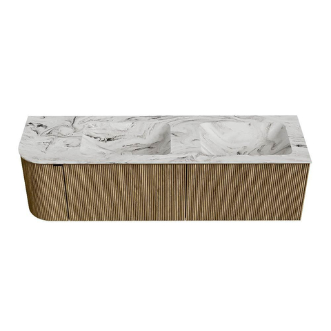 Mondiaz KURVE-DLUX Ensemble de meubles de salle de bains - 155x46x40cm - 2 tiroirs - 1 porte - lavabo solid surface - double / droite - 2 trous de robinet - Dusk SW1415511