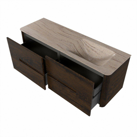 Mondiaz CIRO-DLUX Meuble de salle de bains - 140x45x50cm - Plan vasque Solid Surface Saba - 1 vasque à droite - sans trous de robinetterie - 4 tiroirs - Noyer SW1530694