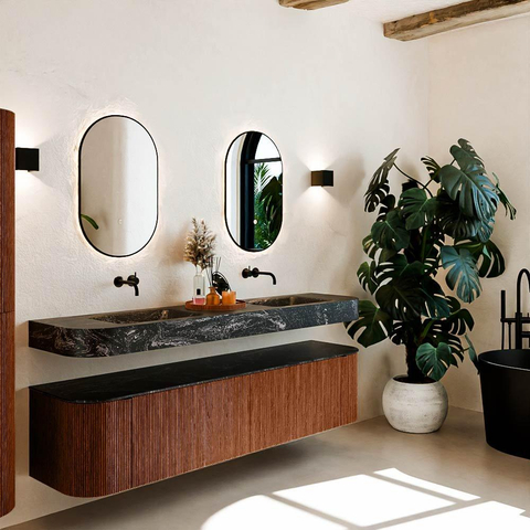 MONDIAZ THOR-DLUX Meuble de salle de bains 190cm arrondi gauche + droite couleur Ruby avec 2 tiroirs et 2 portes. Vasque suspendue CLOUD Double sans trou de robinet couleur Lava. SW1466506