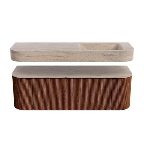 MONDIAZ THOR-DLUX 140cm meuble de salle de bains arrondi gauche + droite couleur Ruby avec 1 tiroir et 2 portes. Vasque suspendue CLOUD droite sans trou de robinet couleur Saba. SW1464320