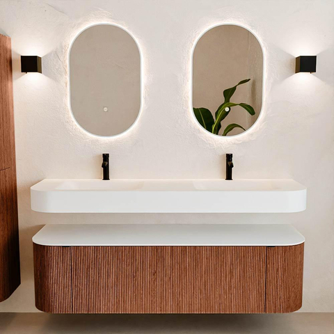 MONDIAZ THOR 160cm meuble de salle de bains arrondi gauche + droite couleur Ruby avec 1 tiroir et 2 portes. Vasque suspendue CLOUD Double 2 trous de robinet couleur Talc. SW1412153