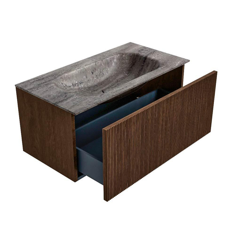 MONDIAZ KURVE-DLUX Meuble de salle de bains 90cm couleur Walnut avec 1 tiroir et 0 portes. Lavabo BIG SMALL Central 1 trou de robinet Oza. SW1432729