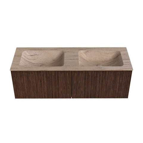 MONDIAZ KURVE-DLUX 130cm badmeubel kleur Walnut met 2 lades en 0 deuren. Wastafel LEAF Dubbel 2 kraangaten Saba. SW1433211