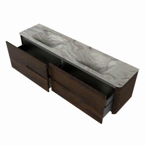 Mondiaz CIRO-DLUX Meuble de salle de bains - 190x45x50cm - Plan vasque en solid surface Glace - 2 vasques Double - sans trous de robinetterie - 4 tiroirs - Noyer SW1530137
