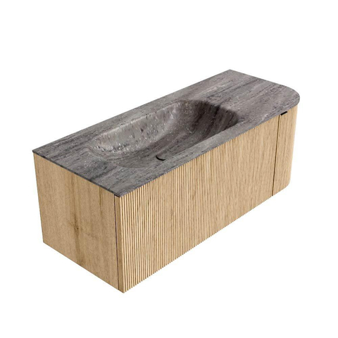 MONDIAZ KURVE-DLUX Meuble de salle de bains 115cm arrondi à droite couleur Chêne avec 1 tiroir et 1 porte. Lavabo BIG SMALL gauche sans trou de robinet Oza. SW1432624