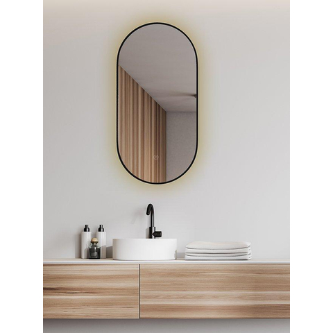Wiesbaden Nomi Spiegel - met lijst ovaal - met LED dimbaar en spiegelverwarming - 50x100cm - mat zwart SW892030