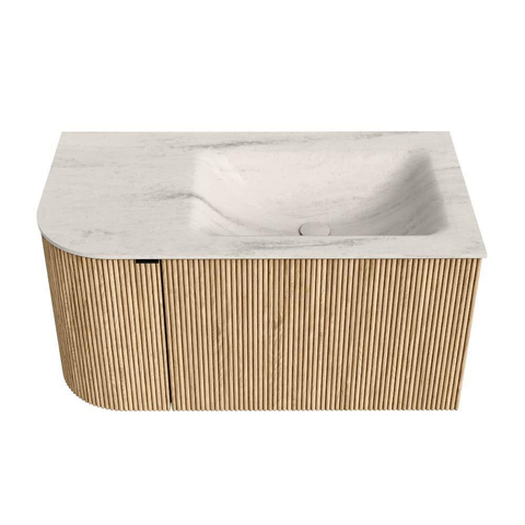 MONDIAZ KURVE-DLUX 85cm badmeubel ronding Links kleur Oak met 1 lade en 1 deur. Wastafel CLOUD Rechts 1 kraangat Meli. SW1431559