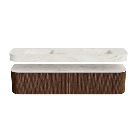 MONDIAZ THOR-DLUX 200cm meuble de salle de bains arrondi gauche + droite couleur Walnut avec 2 tiroirs et 2 portes. Vasque suspendue CLOUD Double 2 trous de robinet couleur Ostra. SW1467013