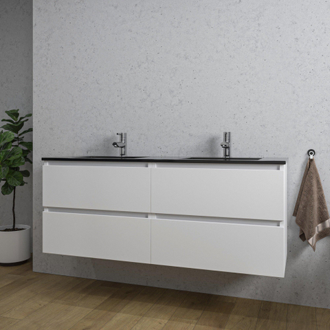 Saniclass Chaci Meuble de salle de bain - 140x46x55cm - lavabo en céramique noir - 2 vasques - 2 trous de robinet - 4 tiroirs - blanc mat SW1171457