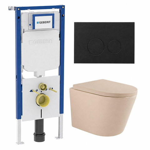 QeramiQ Dely Toiletset - 36.3x51.7cm - diepspoel - rimless - Geberit UP720 inbouwreservoir - softclose toilet zitting - 35mm - metaal mat zwarte bedieningsplaat - ronde knoppen - mat beige SW1427078