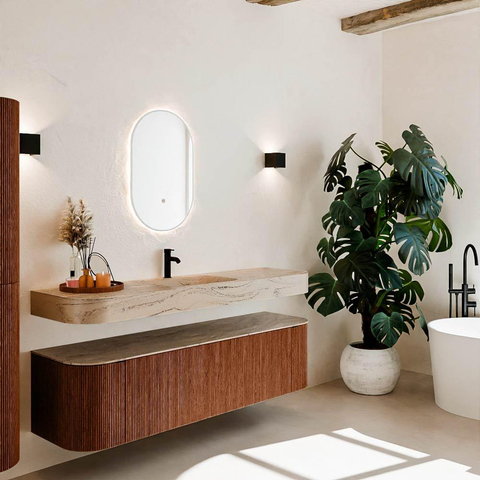 MONDIAZ THOR-DLUX Meuble de salle de bains - 170cm - arrondi gauche + droite - couleur Ruby - 1 tiroir et 2 portes - Vasque suspendue CLOUD Milieu 1 trou de robinet couleur Arena SW1465826